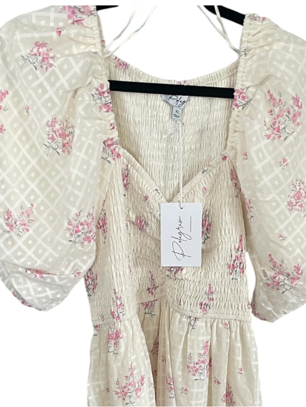 Polagram Pink Floral Textured Dot Smocked Midi Dress - Picture 4 of 7